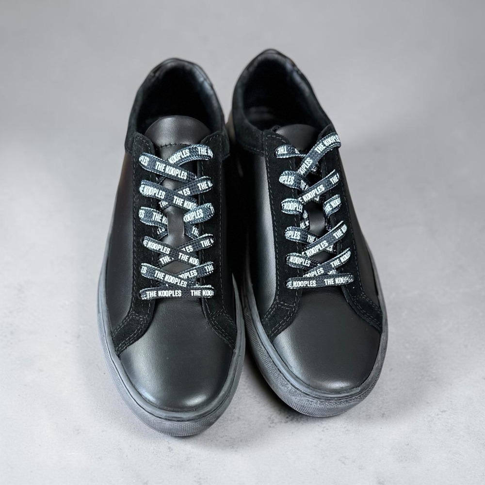 The Kooples NWB Leather Sneakers SZ 38 Black Logo Laces Suede Trim Low Top